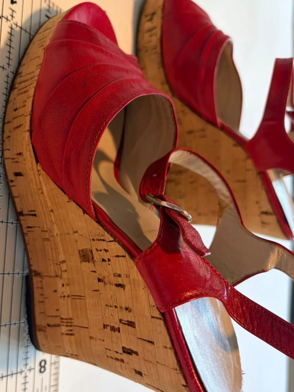 Red Leather Cork Wedge Sandals Ankle Strap Peep Toe European Style Size 5
